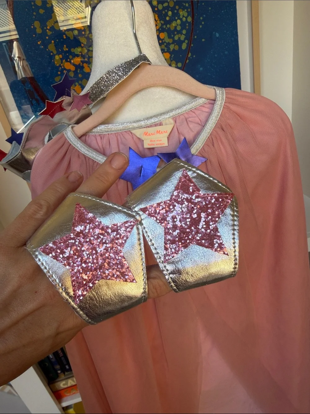Meri Meri - Kids Pink Superhero Dress Up Cape, Silver Mask & Wrist Cuffs